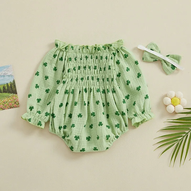 Infant Girls Romper Long Sleeve 100% Cotton, Cute Clover Print Baby Jumpsuits with Hairband
