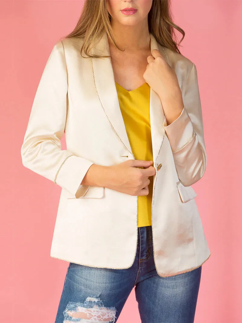 Ivory Silky Jacket with Rhinestone Trim
