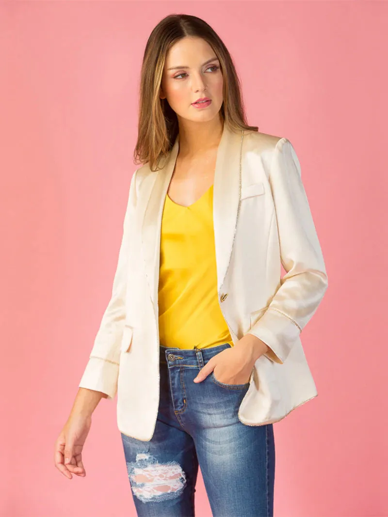 Ivory Silky Jacket with Rhinestone Trim