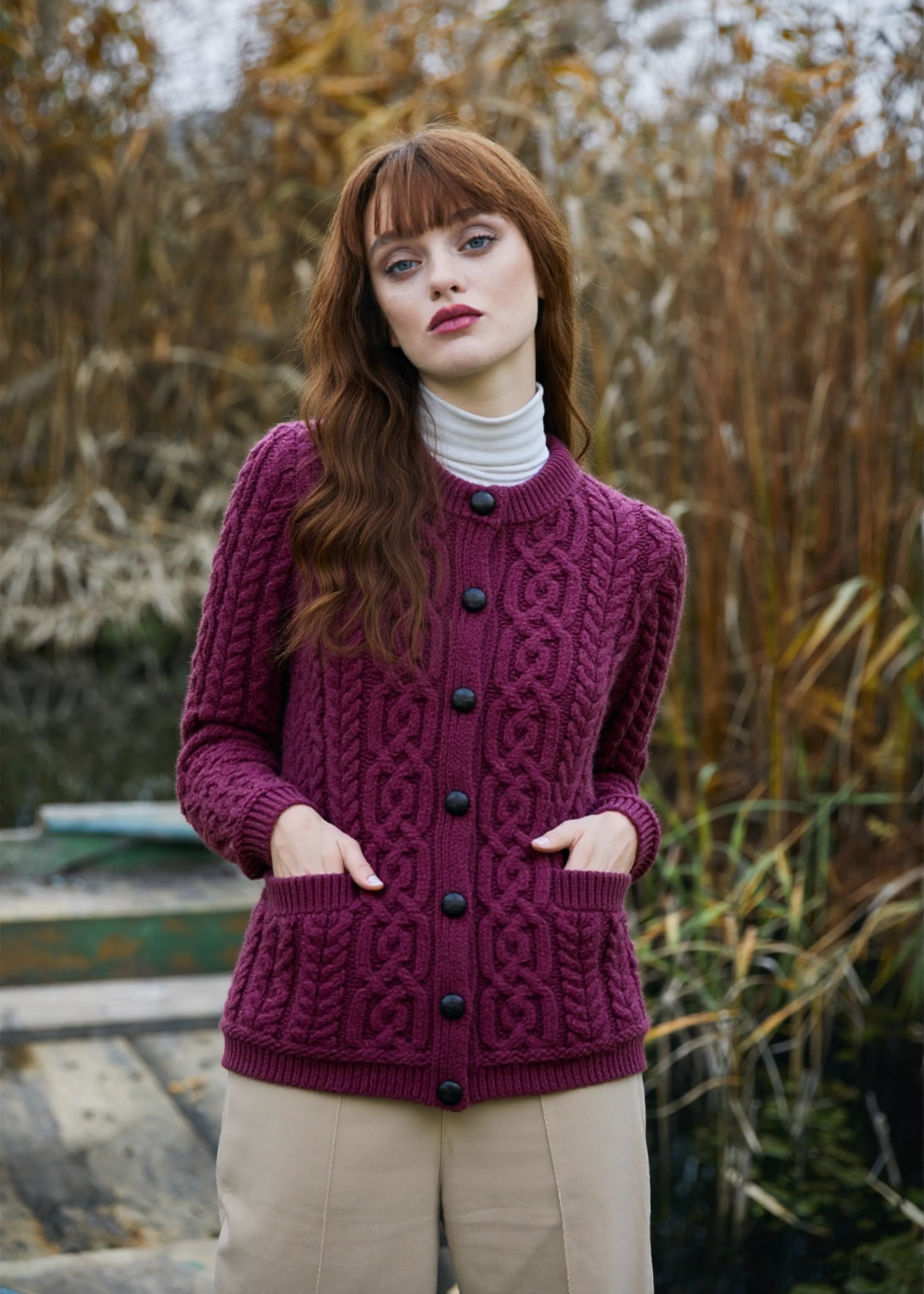 Ladies Button Aran Cardigan | Burgundy