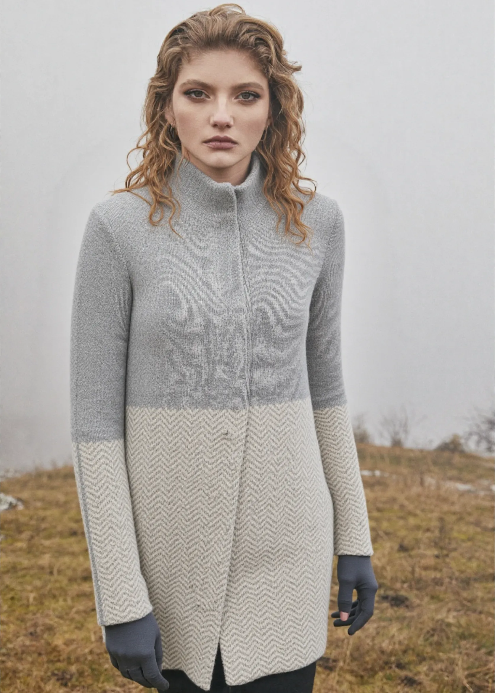 Ladies Herringbone Wool Coat | Natural Grey
