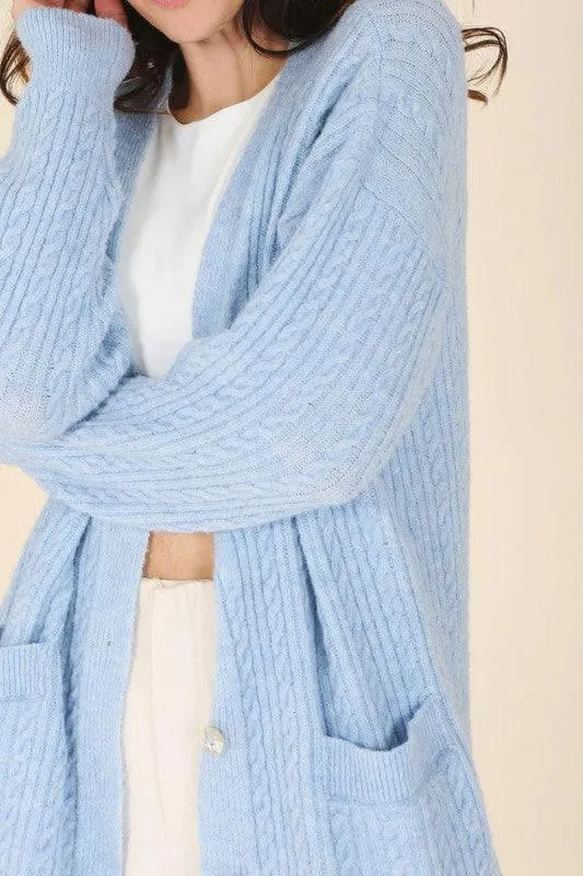 LILOU Wool Blended Cable Knitted Cardigan, Light Blue