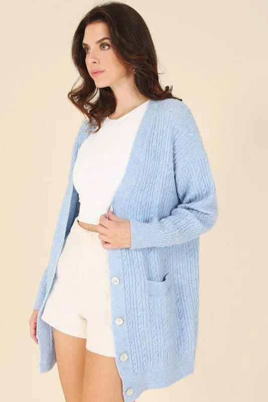 LILOU Wool Blended Cable Knitted Cardigan, Light Blue