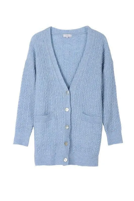 LILOU Wool Blended Cable Knitted Cardigan, Light Blue