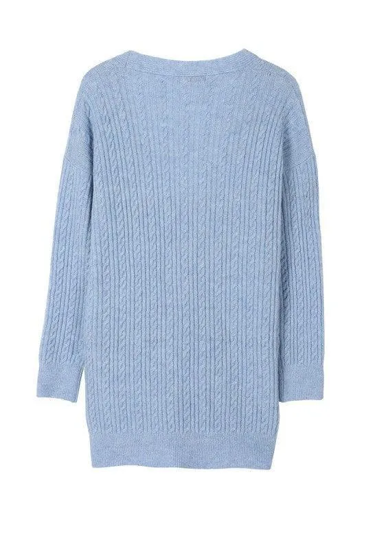 LILOU Wool Blended Cable Knitted Cardigan, Light Blue