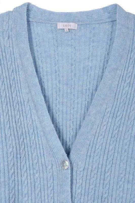 LILOU Wool Blended Cable Knitted Cardigan, Light Blue