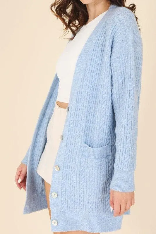 LILOU Wool Blended Cable Knitted Cardigan, Light Blue
