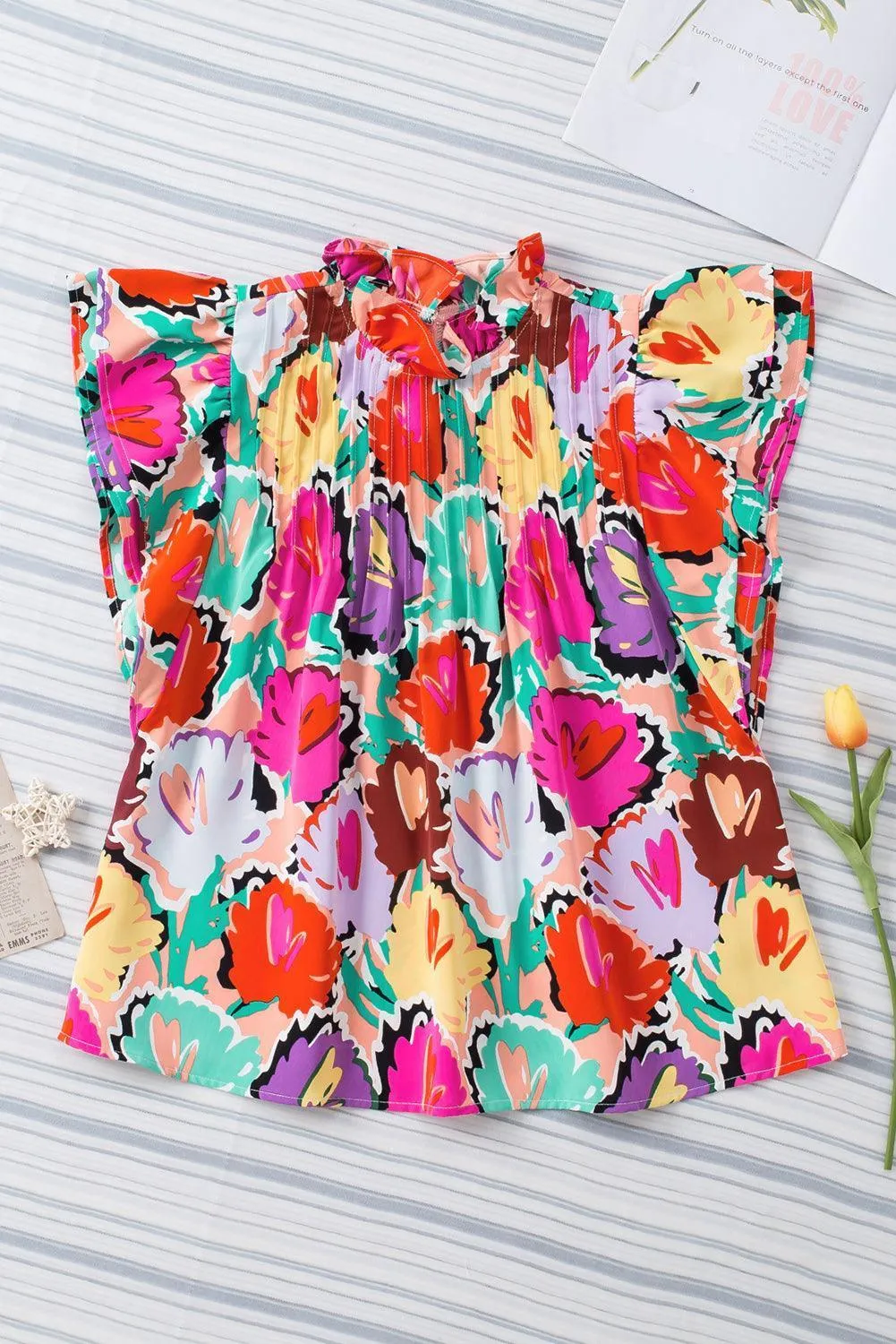 Live Colorfully Flutter Sleeve Floral Blouse