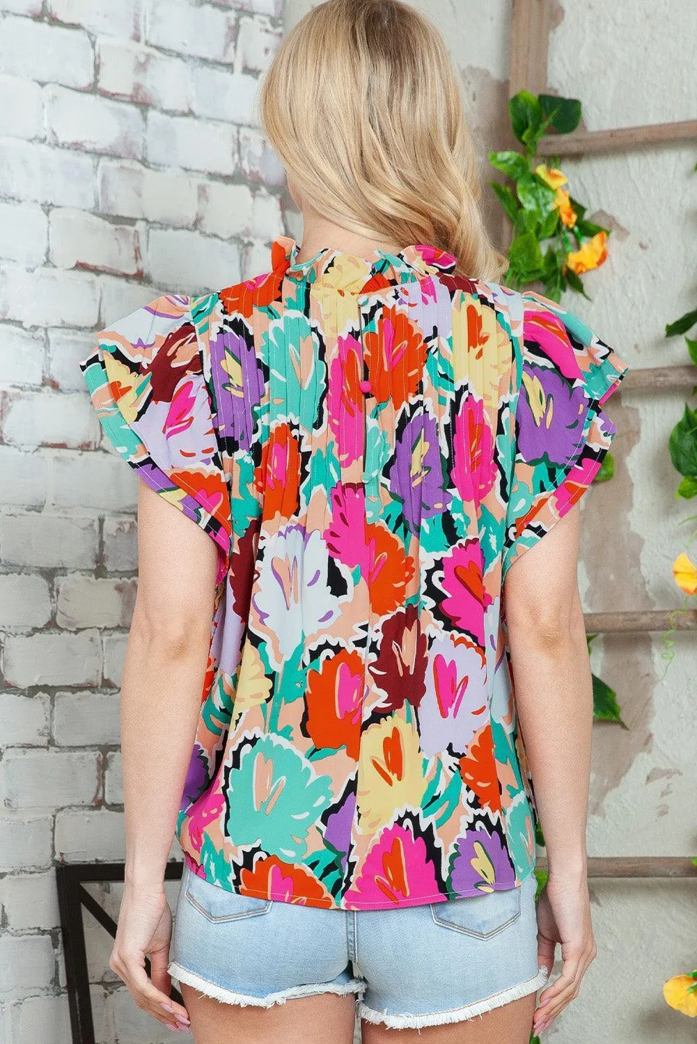 Live Colorfully Flutter Sleeve Floral Blouse