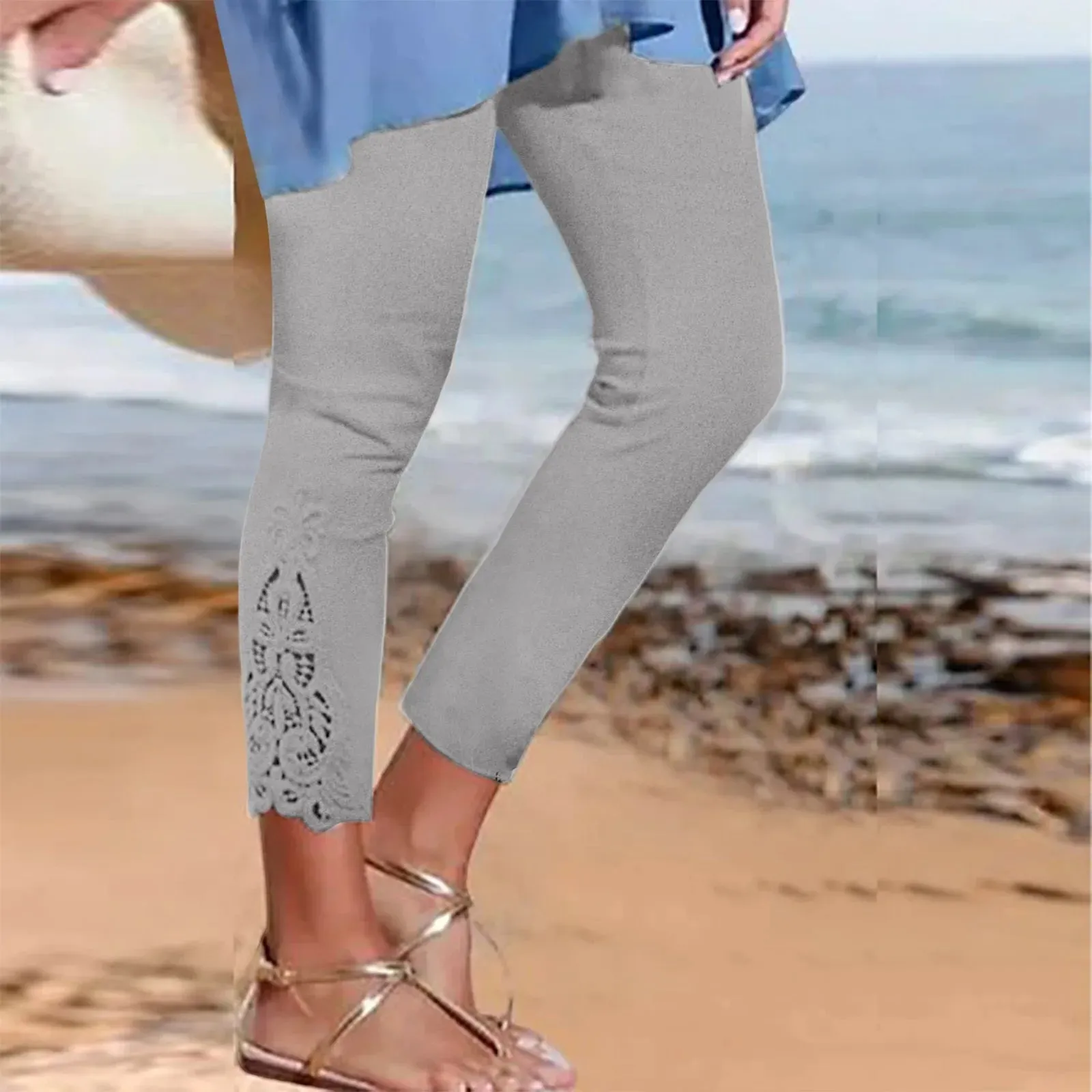 LVSANW Women'S Leggings Long Pants Lace High Waisted Slim Stretchy Versatile Spring Autumn Cropped Pants Summer Breeches Pantalones