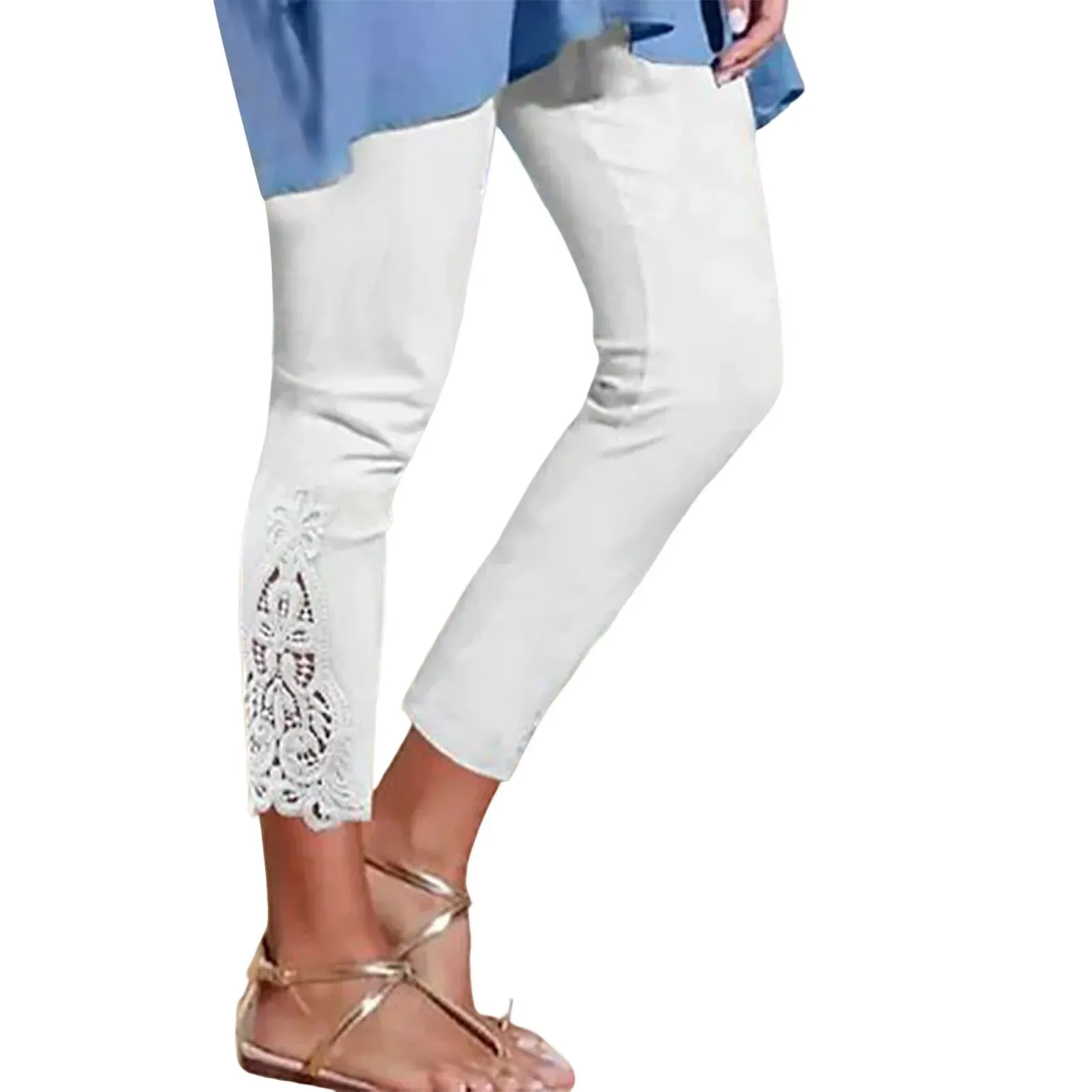 LVSANW Women'S Leggings Long Pants Lace High Waisted Slim Stretchy Versatile Spring Autumn Cropped Pants Summer Breeches Pantalones