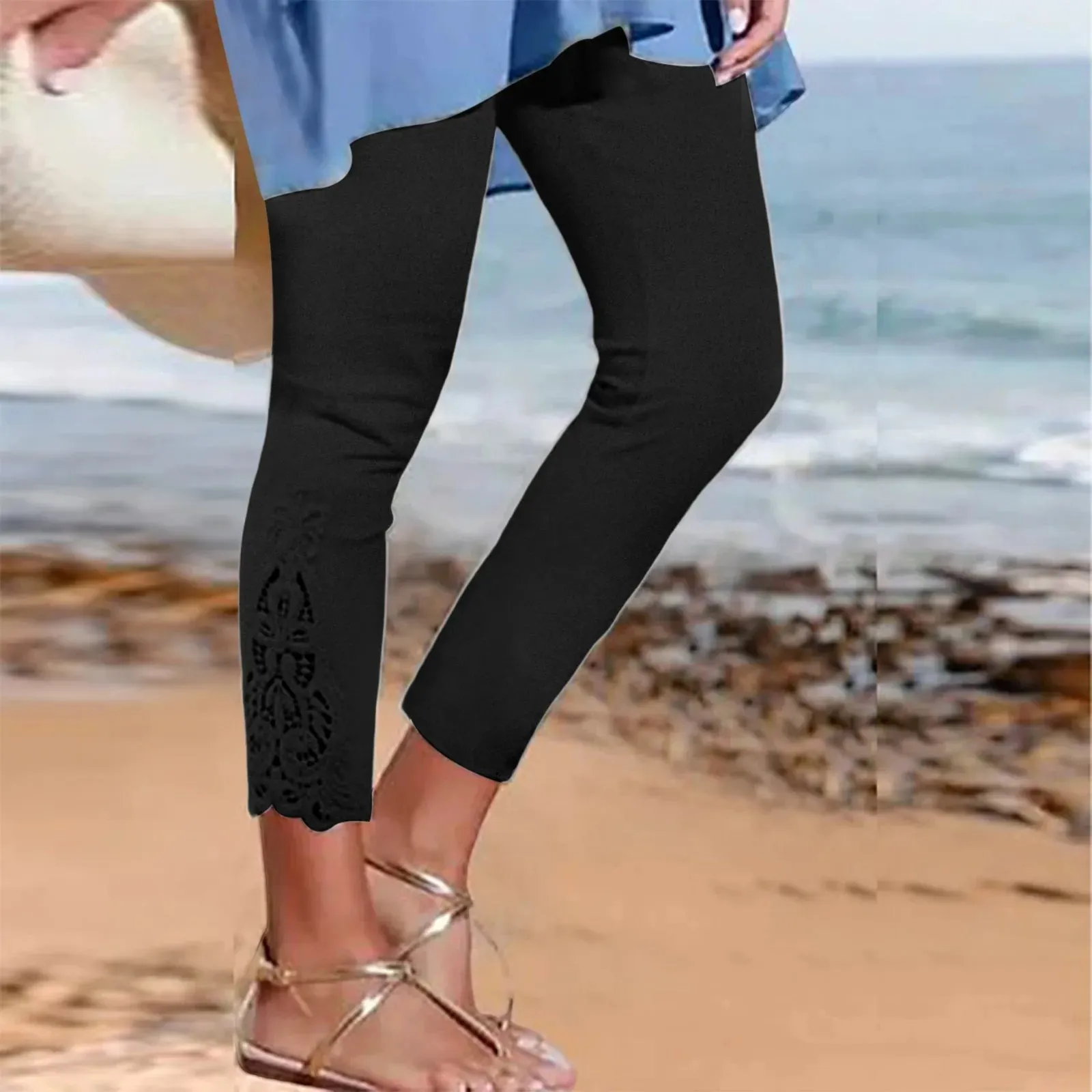 LVSANW Women'S Leggings Long Pants Lace High Waisted Slim Stretchy Versatile Spring Autumn Cropped Pants Summer Breeches Pantalones