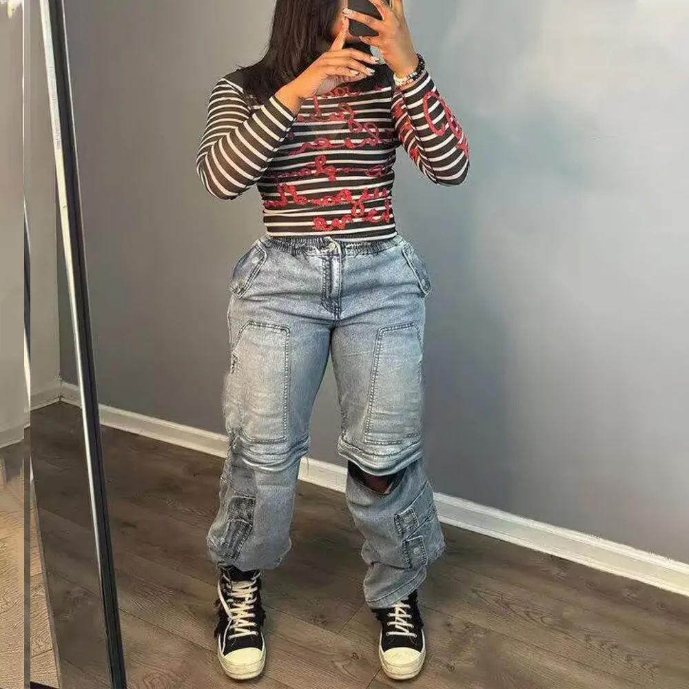 MALYBGG Elastic High Waist Multi Pockets Cargo Jeans 88573LY