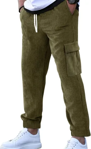 Mens Casual Corduroy Pants Cargo Plain Elastic Waist Drawstring Straight Overalls Loose Sweatpants Fashion Trousers