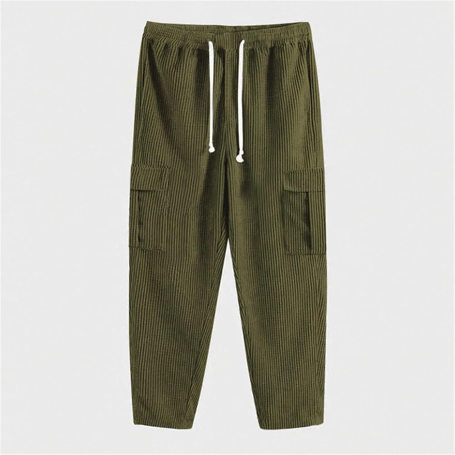 Mens Casual Corduroy Pants Cargo Plain Elastic Waist Drawstring Straight Overalls Loose Sweatpants Fashion Trousers
