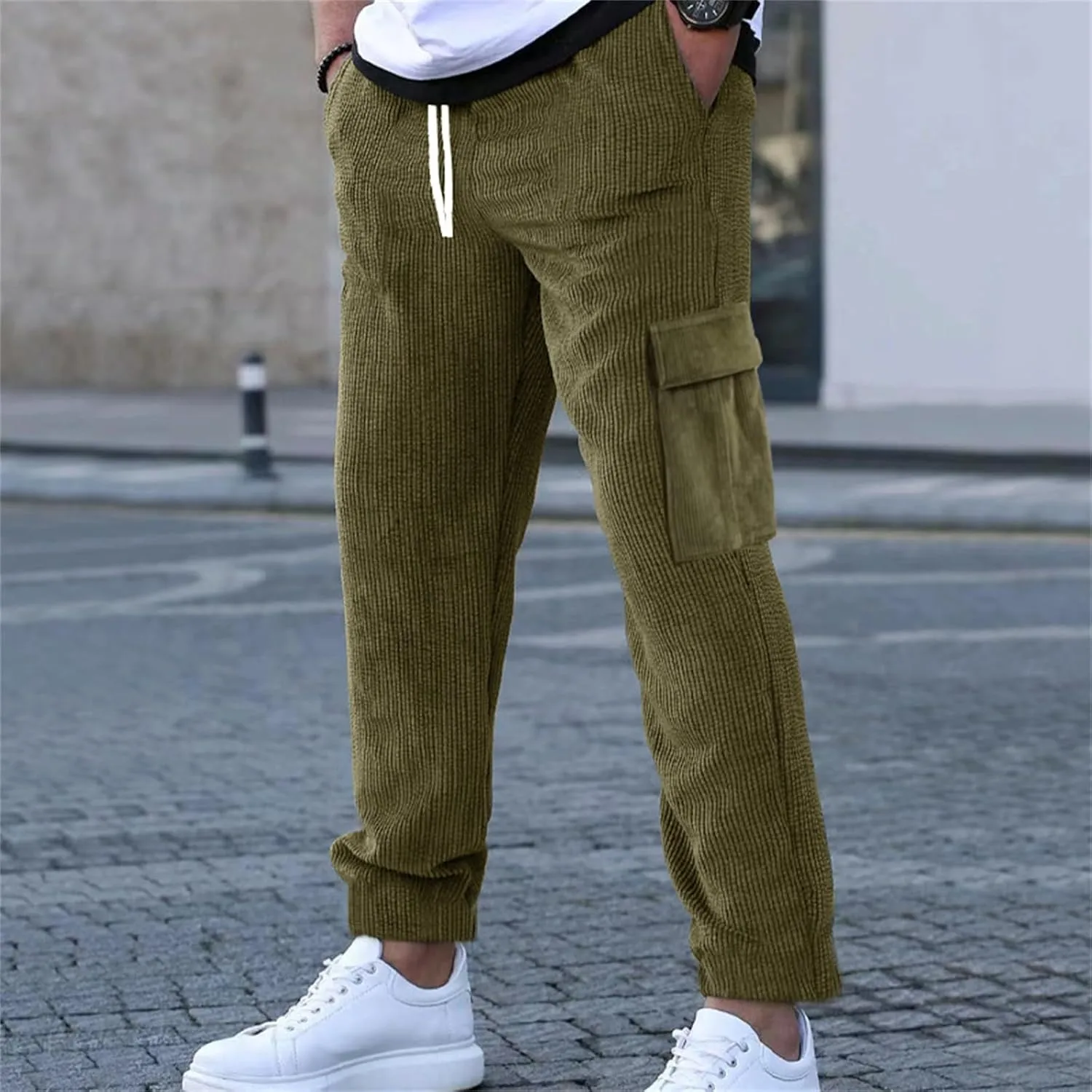 Mens Casual Corduroy Pants Cargo Plain Elastic Waist Drawstring Straight Overalls Loose Sweatpants Fashion Trousers