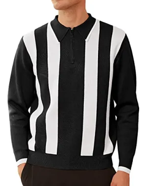 Men's Quarter Zip Polo Knitted Pullover Sweater Casual Contrast Striped Lapel Collar Long Sleeve Sweater Tops Black M