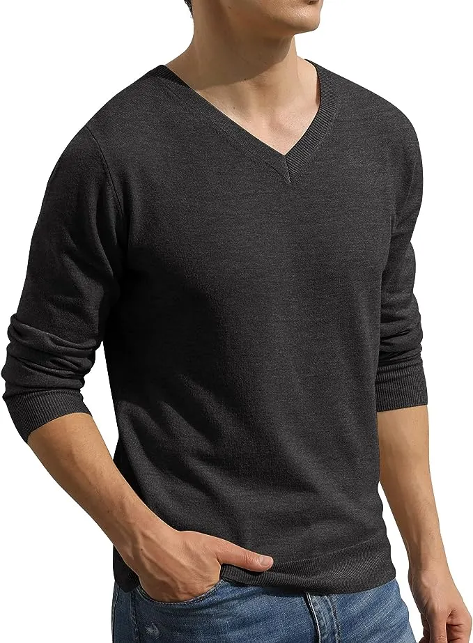 Men's V-Neck Casual Sweater Structured Knit Pullover - Grey
