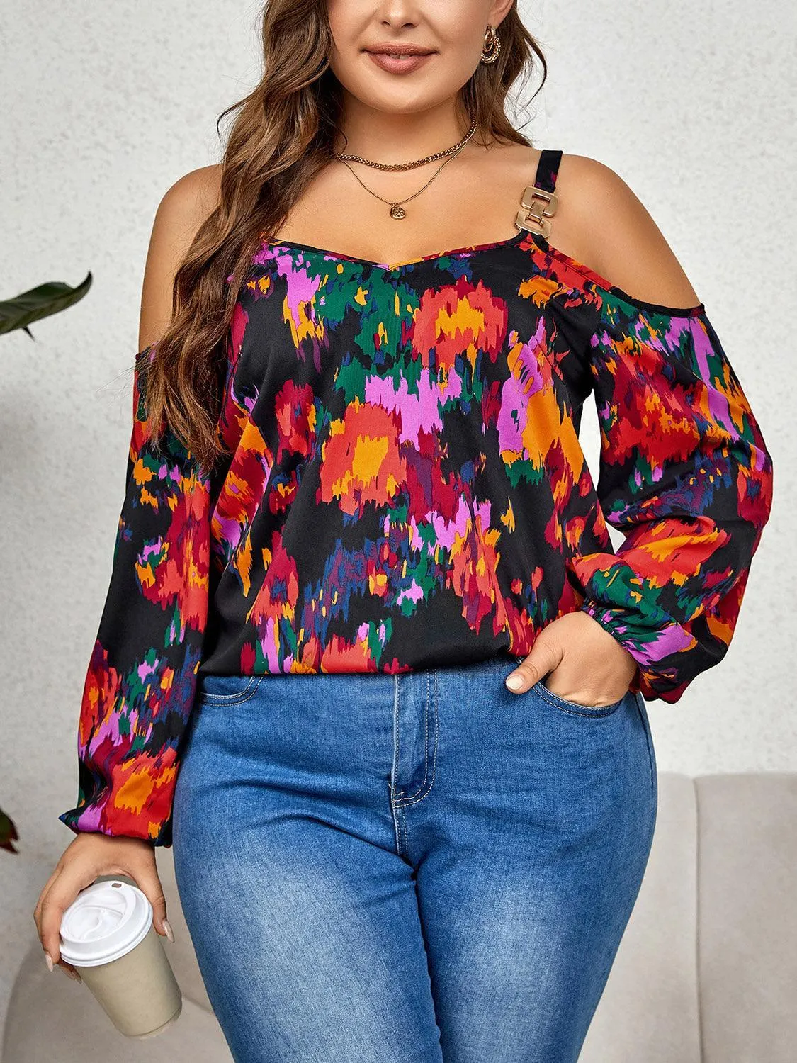 Multicolored Printed Plus Size Cold Shoulder Blouse