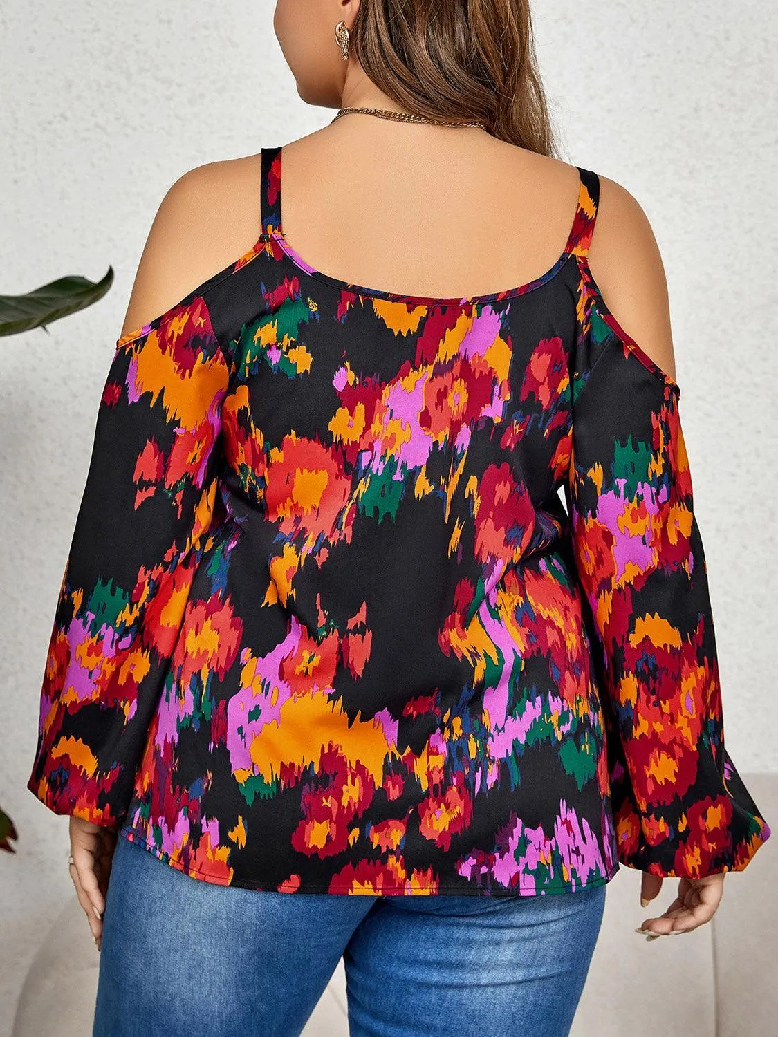 Multicolored Printed Plus Size Cold Shoulder Blouse