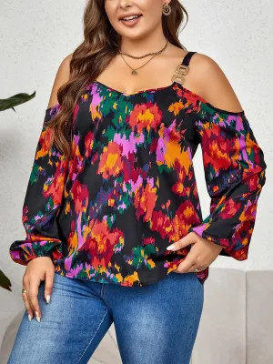 Multicolored Printed Plus Size Cold Shoulder Blouse