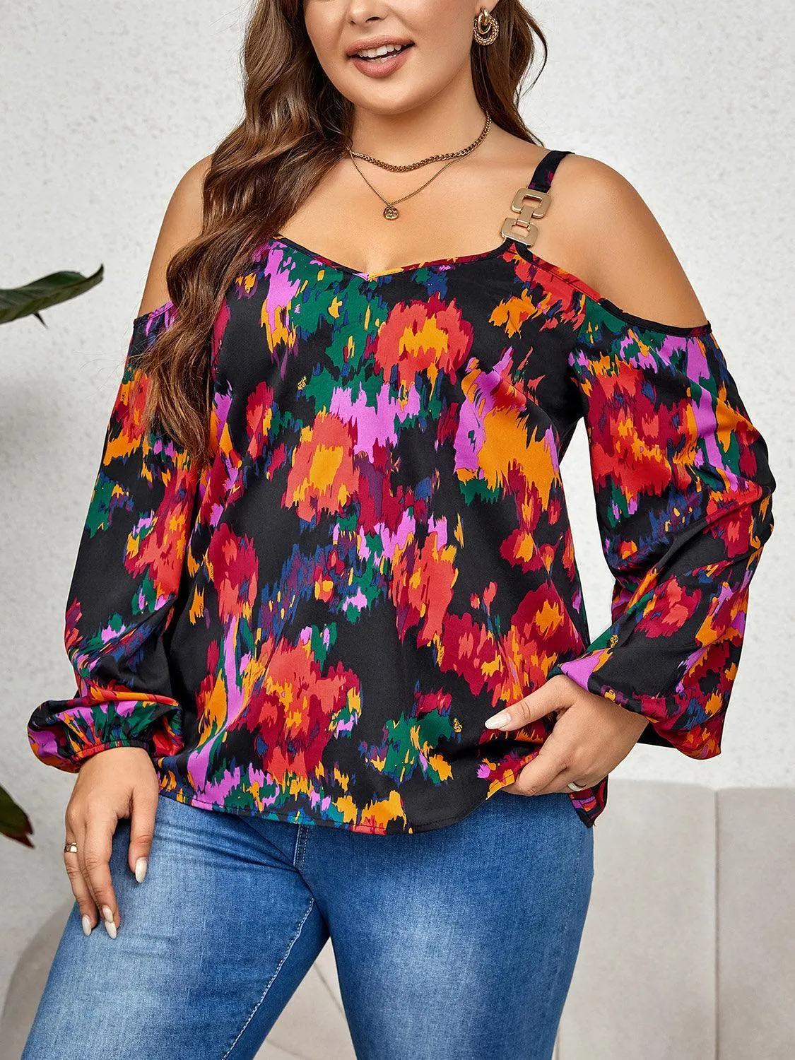 Multicolored Printed Plus Size Cold Shoulder Blouse