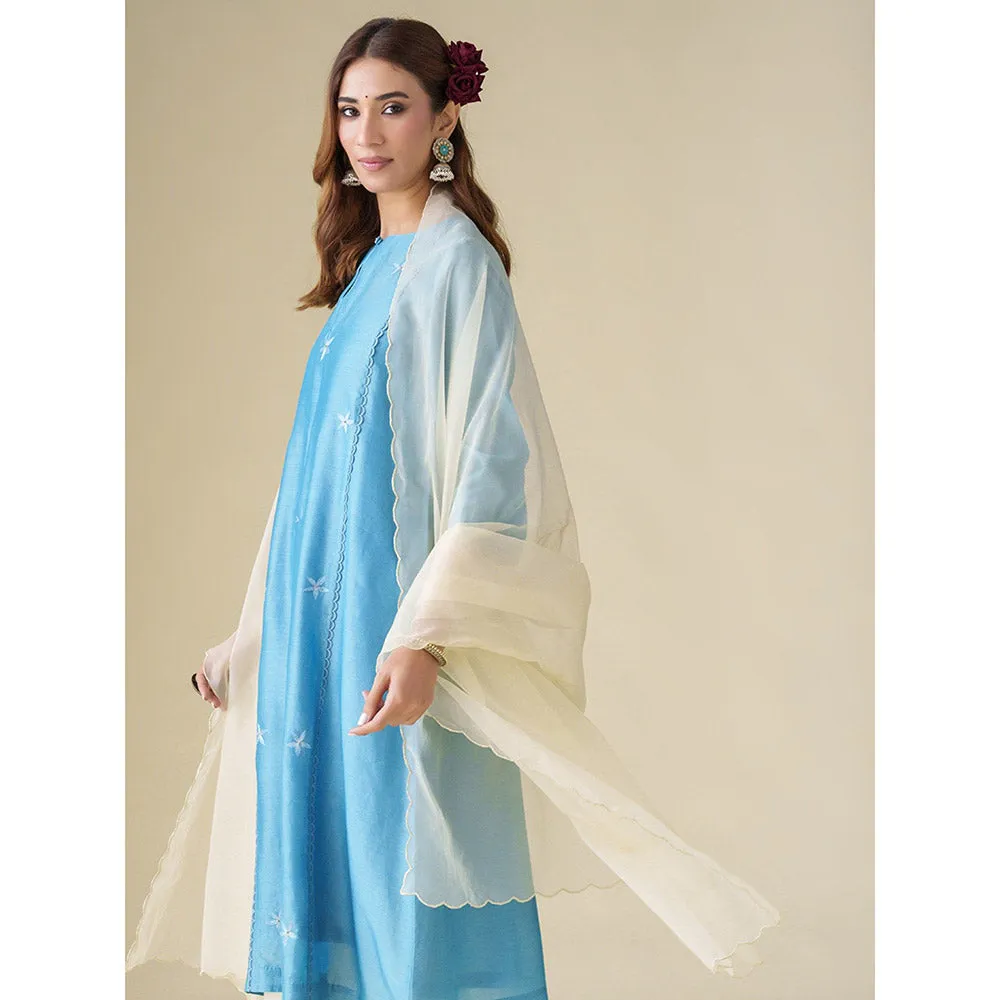 Mushio Blue Floral Embroidery Chanderi Ujjwala Kurta with Slip Pants and Dupatta (Set of 4)