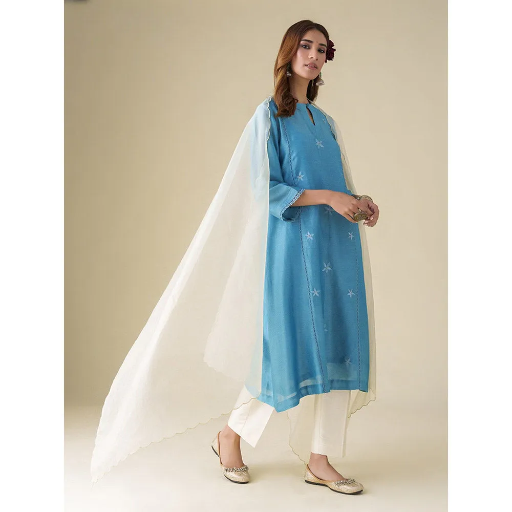 Mushio Blue Floral Embroidery Chanderi Ujjwala Kurta with Slip Pants and Dupatta (Set of 4)