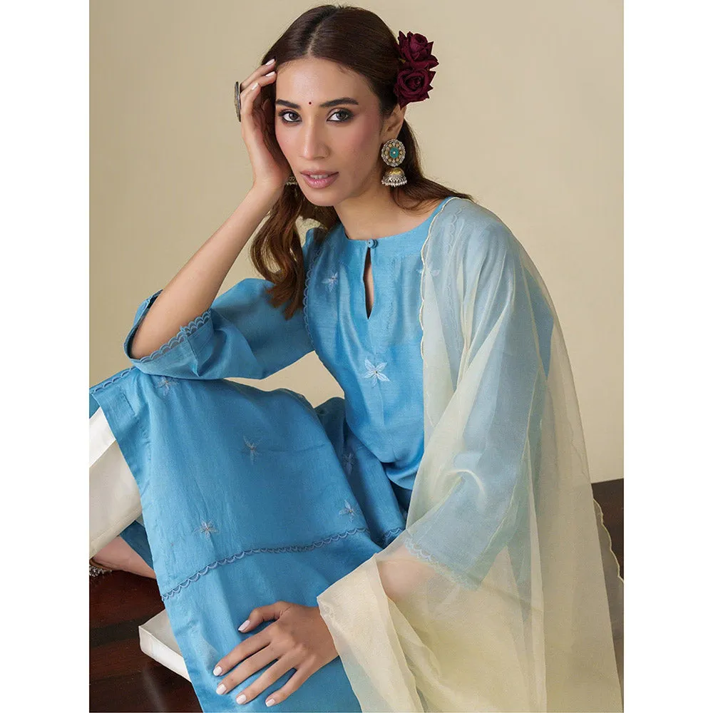 Mushio Blue Floral Embroidery Chanderi Ujjwala Kurta with Slip Pants and Dupatta (Set of 4)