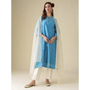 Mushio Blue Floral Embroidery Chanderi Ujjwala Kurta with Slip Pants and Dupatta (Set of 4)