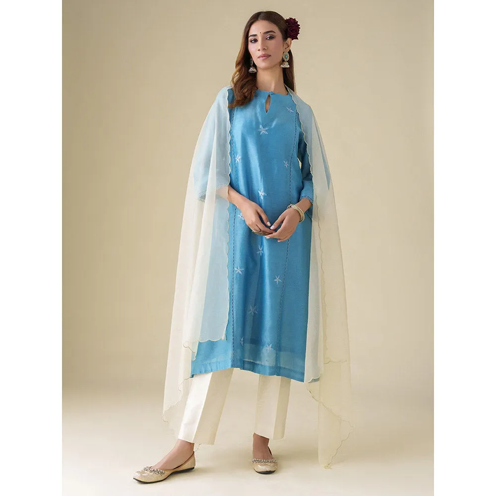 Mushio Blue Floral Embroidery Chanderi Ujjwala Kurta with Slip Pants and Dupatta (Set of 4)