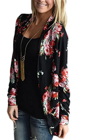 ONLYSHE Women's Long Sleeve Wrap Kimono Cardigans Casual Coverup Coat Black Red Small