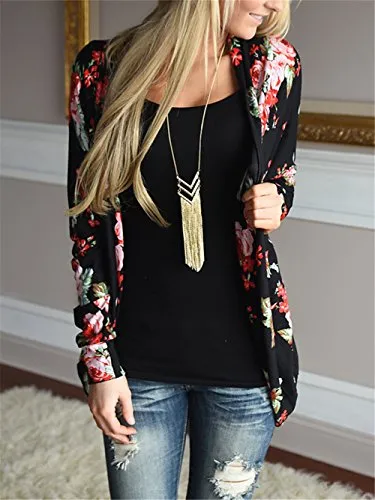 ONLYSHE Women's Long Sleeve Wrap Kimono Cardigans Casual Coverup Coat Black Red Small