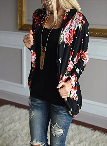 ONLYSHE Women's Long Sleeve Wrap Kimono Cardigans Casual Coverup Coat Black Red Small
