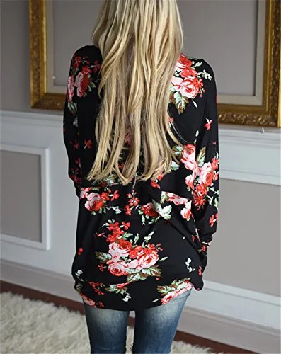 ONLYSHE Women's Long Sleeve Wrap Kimono Cardigans Casual Coverup Coat Black Red Small