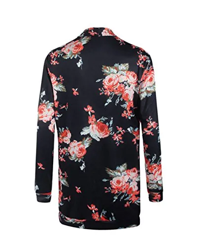 ONLYSHE Women's Long Sleeve Wrap Kimono Cardigans Casual Coverup Coat Black Red Small