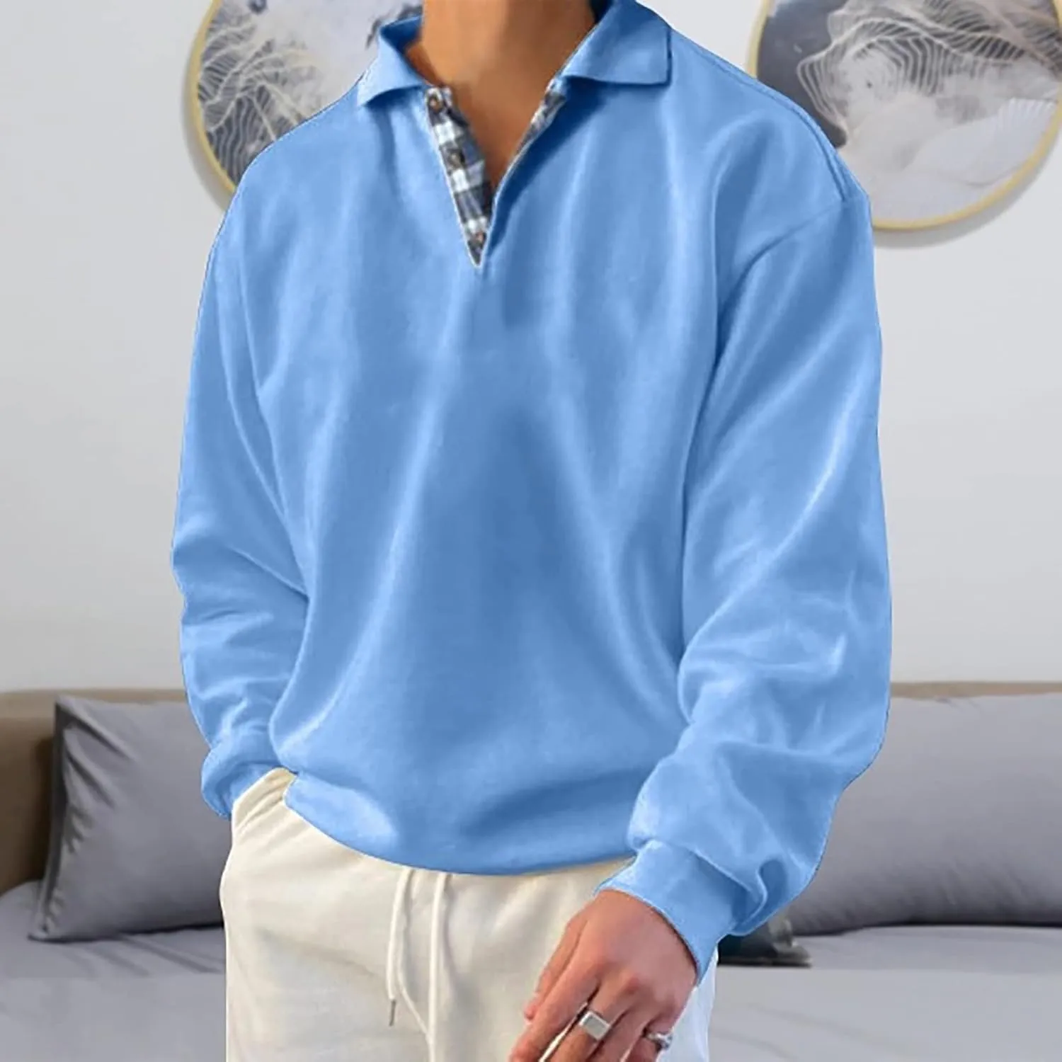 Opomelo Men's Long Sleeve Pullover Polo Shirts-Casual Loose Fit Sweatshirts V Neck Tops