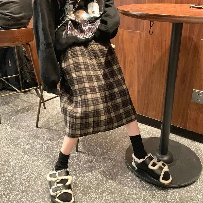 Plaid Retro Mid Loose Elastic Waist Skirts