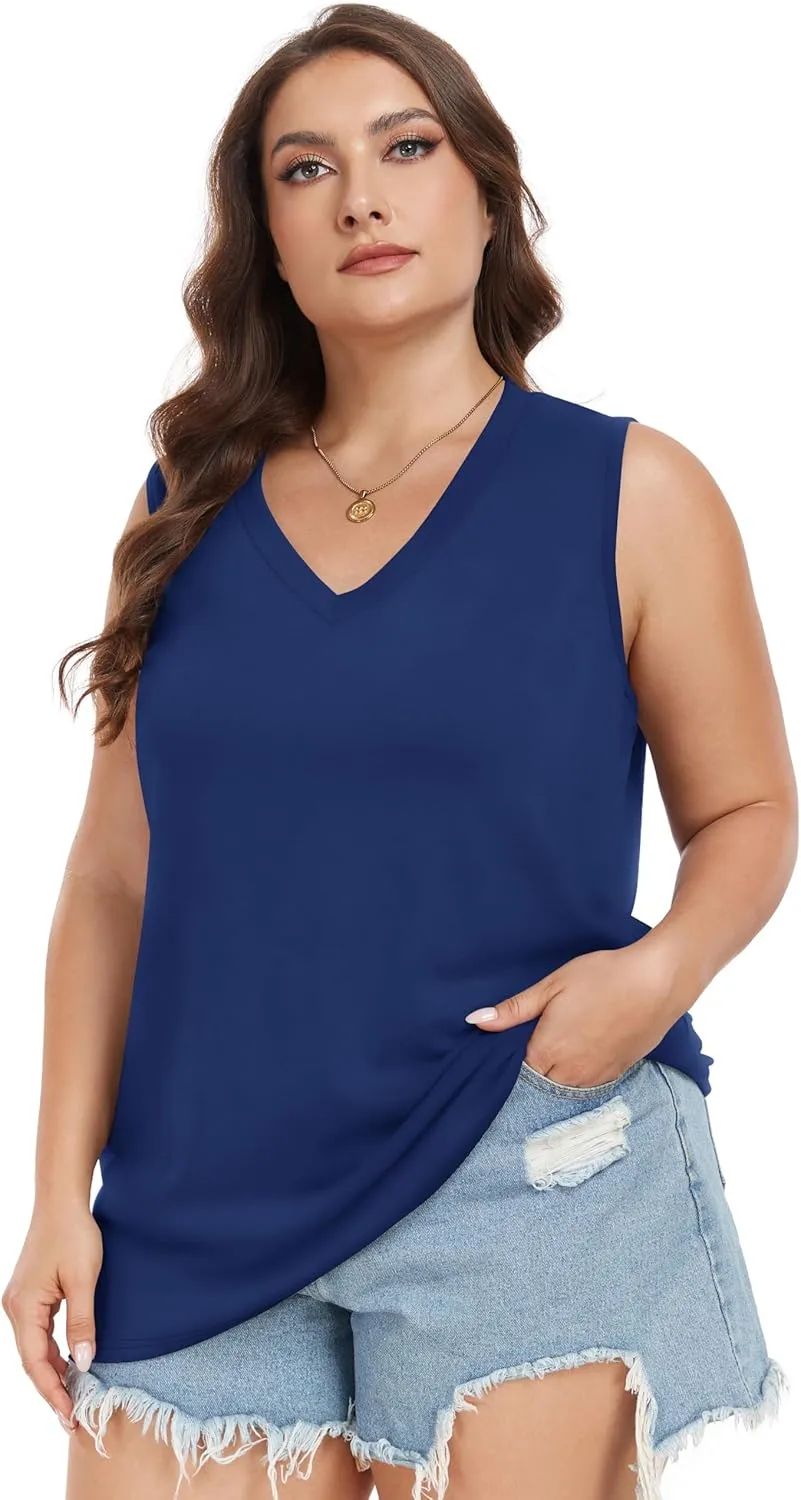 Plus Size Tanks Women Summer Top V Neck Sleeveless Top Loose Fit Tee Workout Shirts