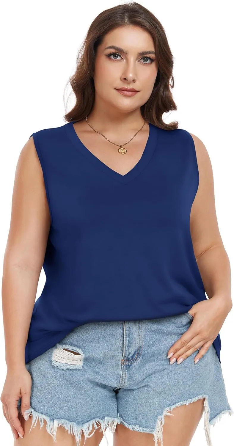 Plus Size Tanks Women Summer Top V Neck Sleeveless Top Loose Fit Tee Workout Shirts