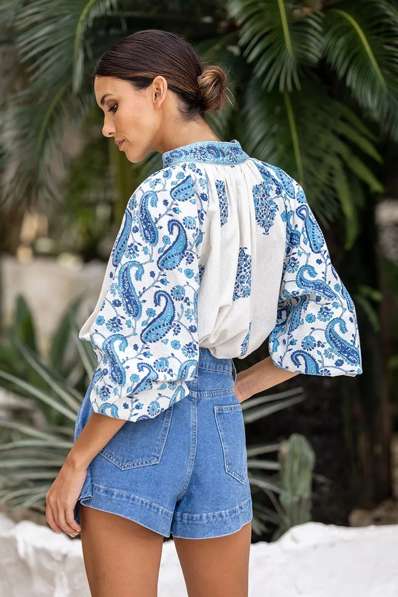 Puff Sleeve Top in Cream/Blue
