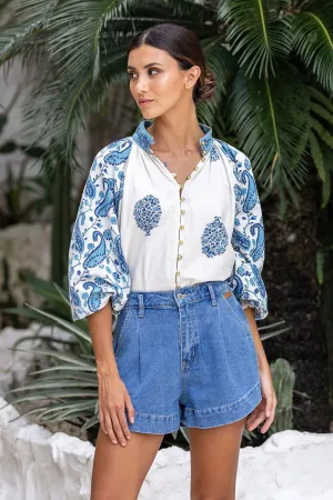 Puff Sleeve Top in Cream/Blue