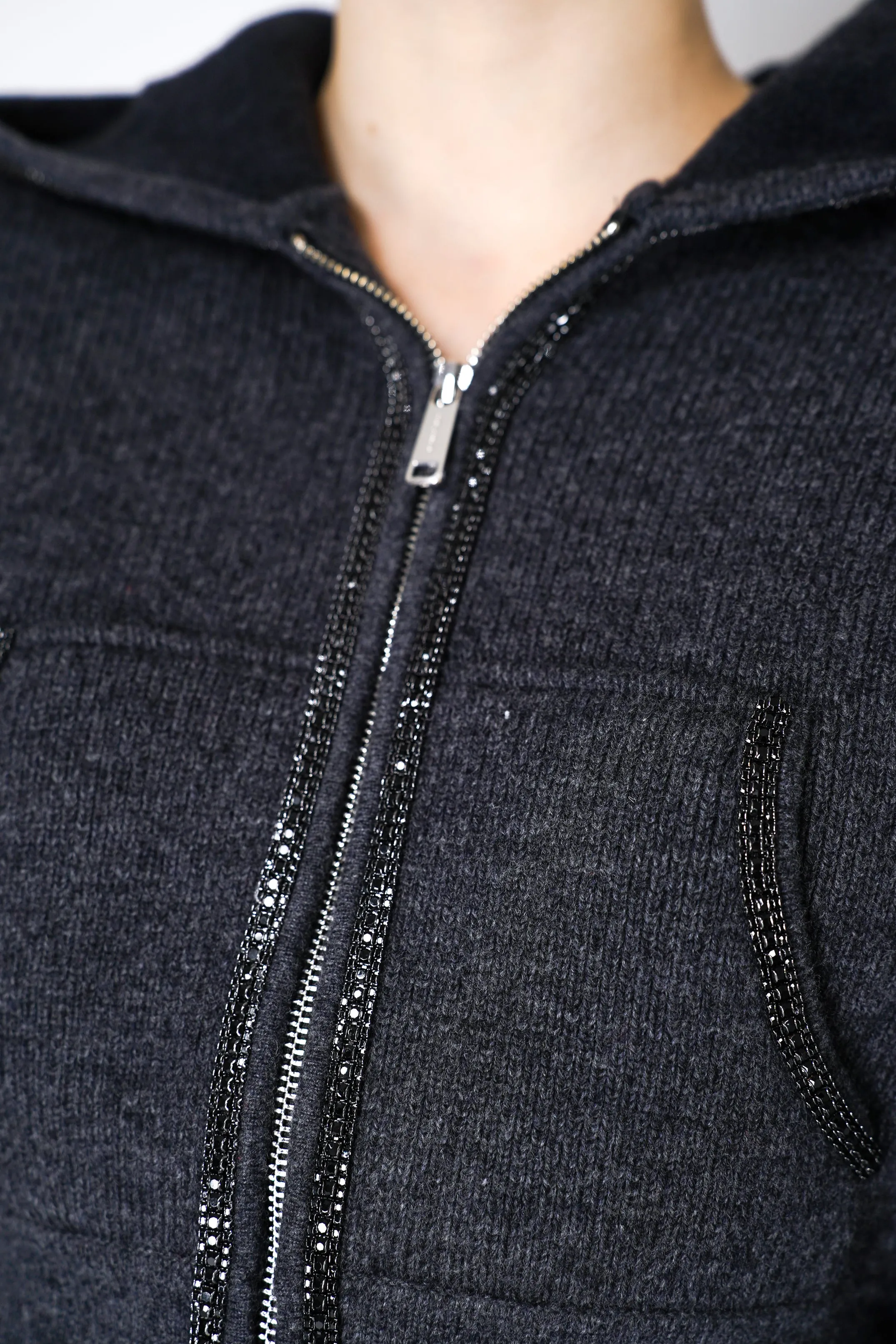 Self-Portrait Cashmere Blend Knit Cropped Hoodie in Grey