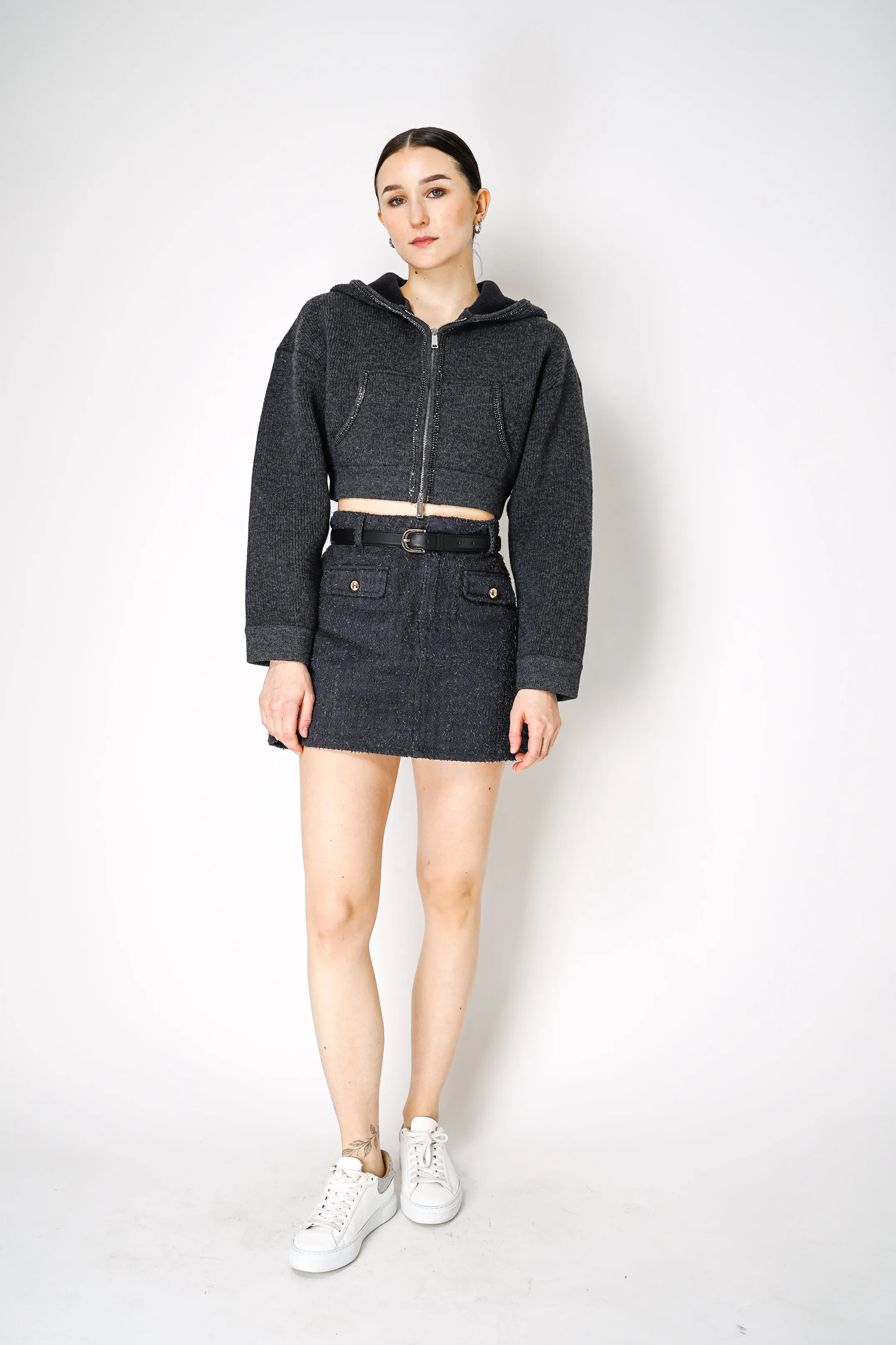 Self-Portrait Cashmere Blend Knit Cropped Hoodie in Grey