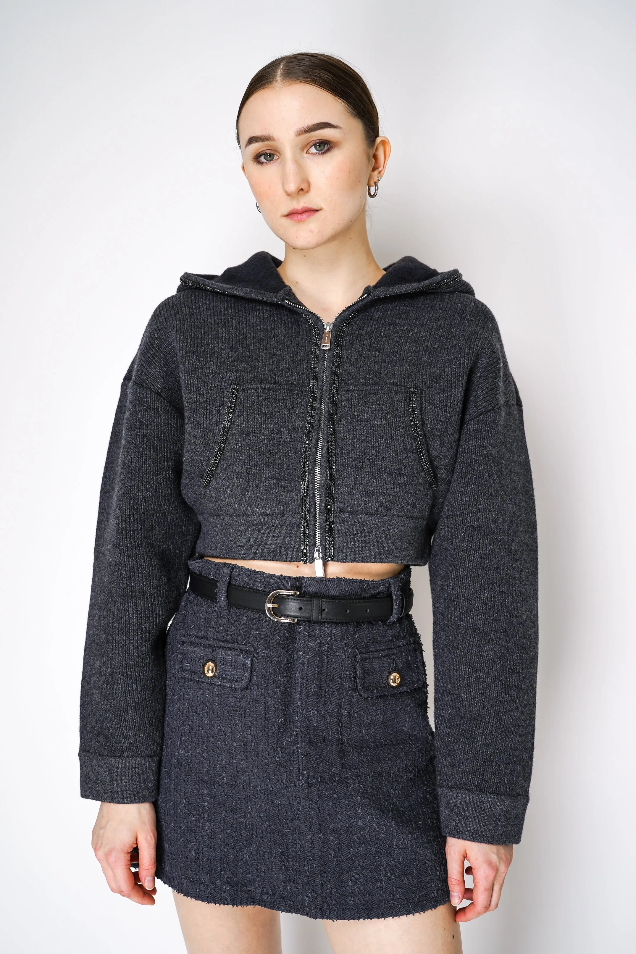 Self-Portrait Cashmere Blend Knit Cropped Hoodie in Grey