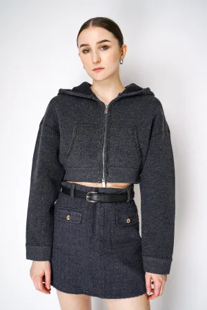 Self-Portrait Cashmere Blend Knit Cropped Hoodie in Grey