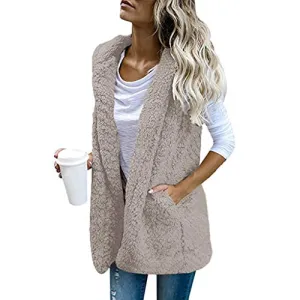 TRENDINAO Winter Vest with Hoodie for Women,Faux Fur Waistcoat Warm Wool Coat Zip Up Fleece Sherpa Jackets Khaki
