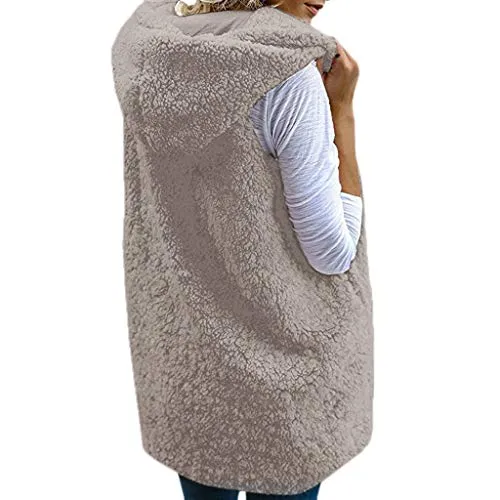 TRENDINAO Winter Vest with Hoodie for Women,Faux Fur Waistcoat Warm Wool Coat Zip Up Fleece Sherpa Jackets Khaki