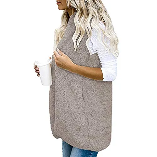 TRENDINAO Winter Vest with Hoodie for Women,Faux Fur Waistcoat Warm Wool Coat Zip Up Fleece Sherpa Jackets Khaki