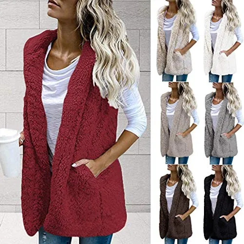 TRENDINAO Winter Vest with Hoodie for Women,Faux Fur Waistcoat Warm Wool Coat Zip Up Fleece Sherpa Jackets Khaki